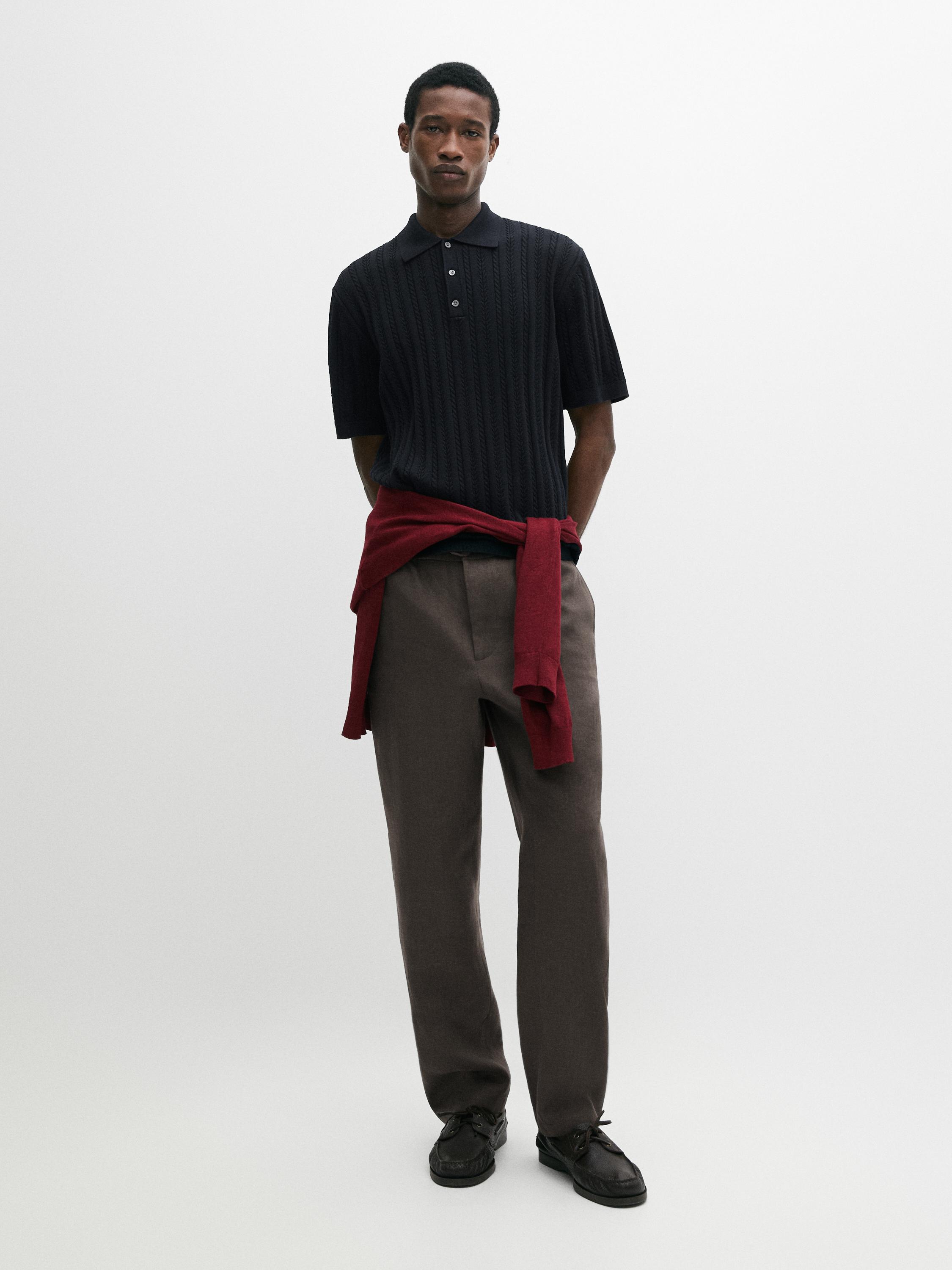 Pull polo en maille tressée de coton mélangé